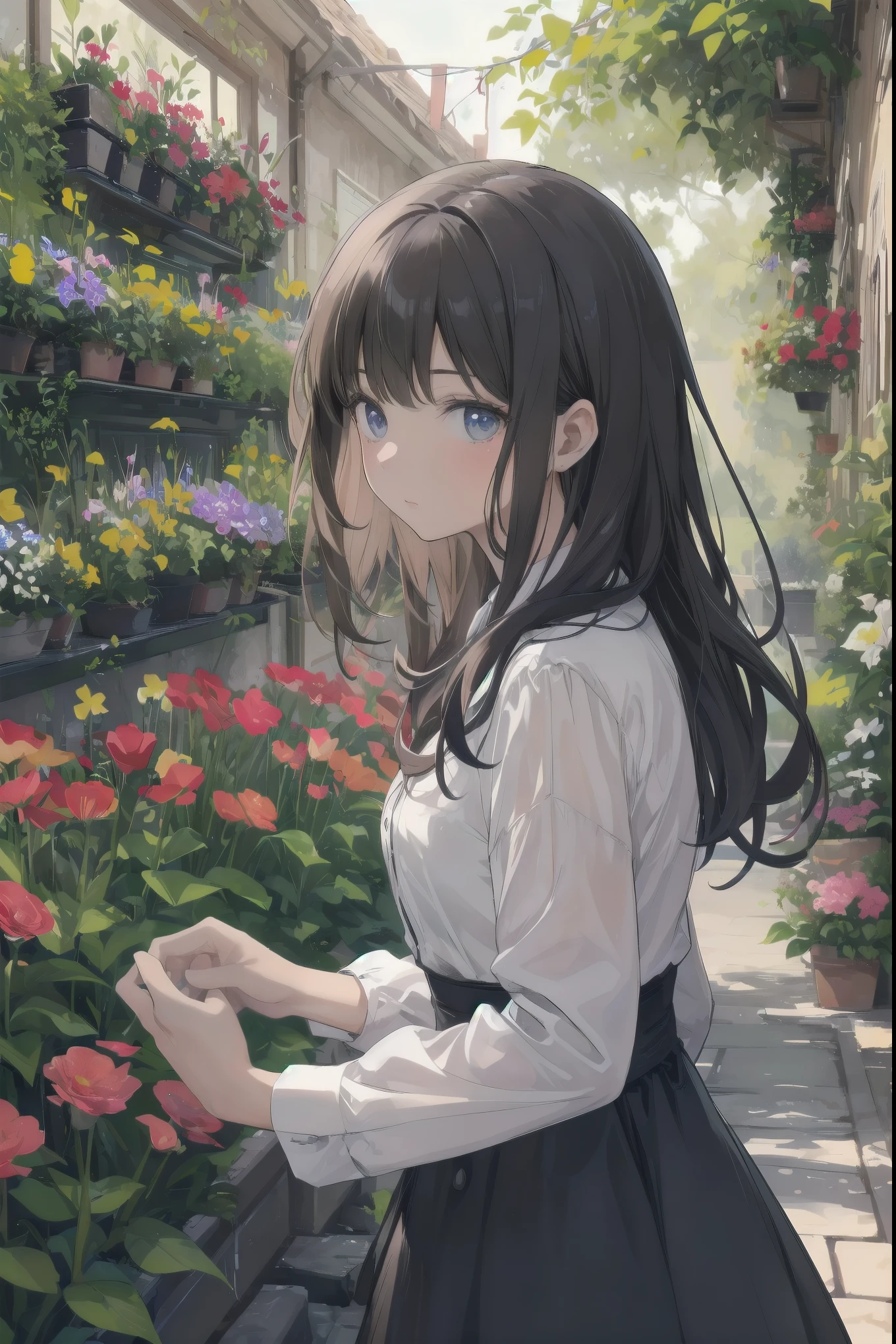 A patient girl admiring flowers in a flower garden