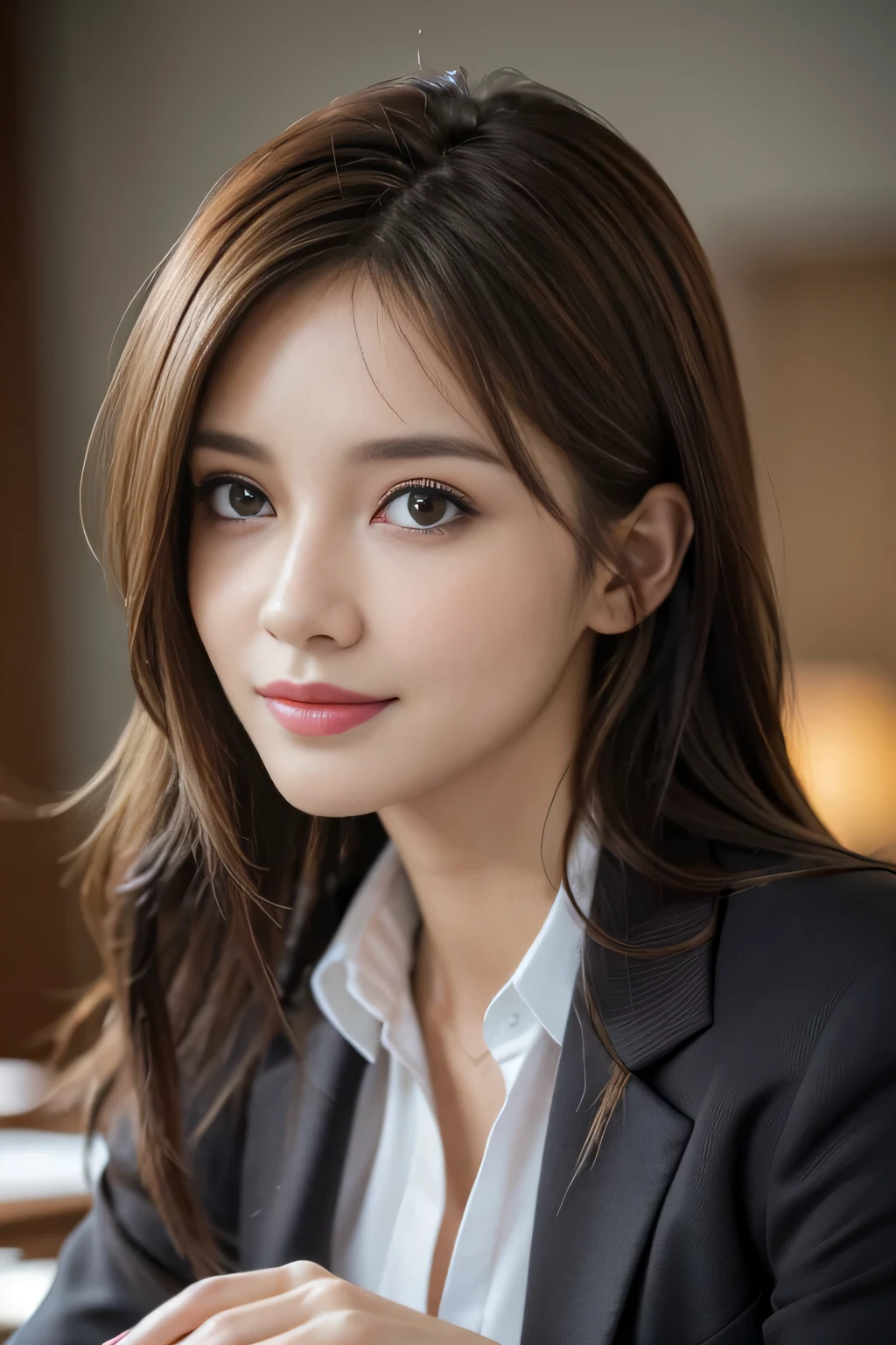 table top, highest quality, realistic, Super detailed, finely, High resolution, 8k wallpaper, 1 beautiful woman,, light brown messy hair, wearing a business suit, sharp focus, perfect dynamic composition, finely beautiful eyes, thin hair, Detailed and realistic skin texture, smile, close-up portrait, model body shape