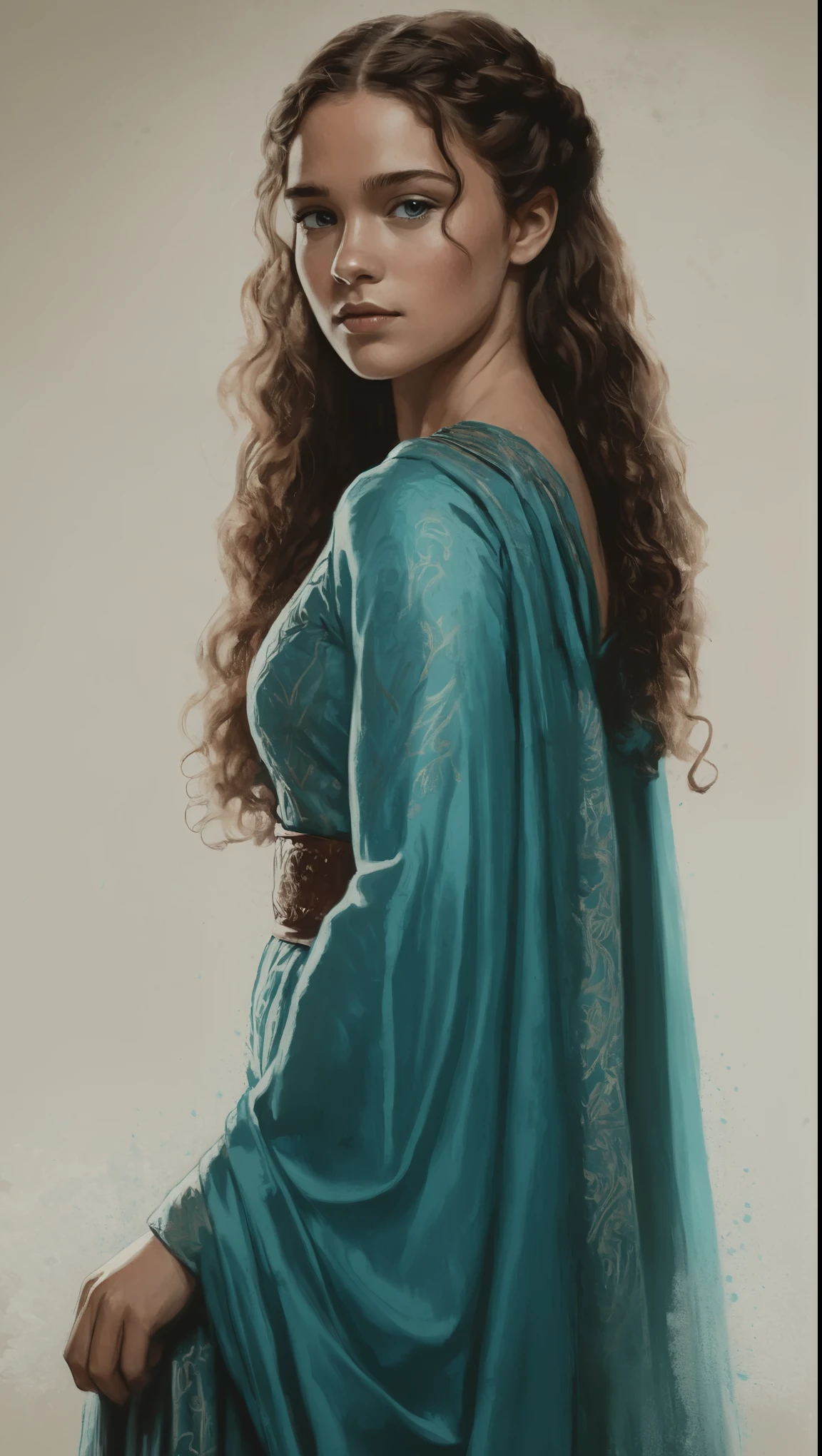 An illustrated movie poster, hand-drawn, full color, a Westerosi age girl, wearing a regal gown, warm brown complexion, freckles, turquoise eyes, dark hair, long loose curls, waist-length hair, posing on a pedestal, hard shadows, graphite shading, stencil marks, airbrushed acrylic paint, masterpiece, in the style of Game of Thrones