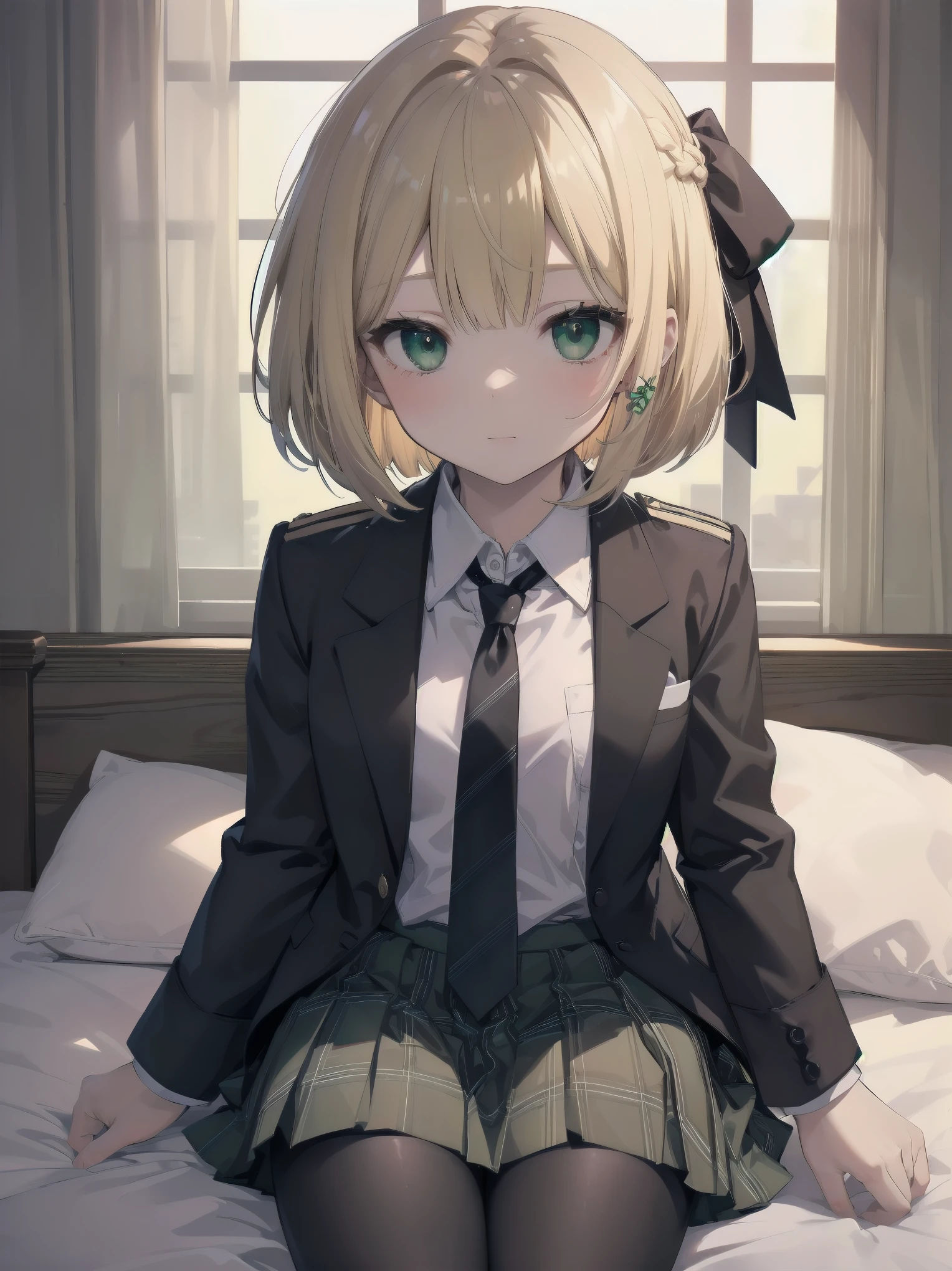 Top-High quality、Highest image quality、masterpiece、high contrast、Vulgarity、erotic expression、high school girl、on the bed、blonde、Bob cut braids、uniform、(brown blazer)、ribbon tie、(Green and gray plaid skirt)、(black tights)、cinematic lighting、fine shading、cute、Truly unbelievably cute absurd