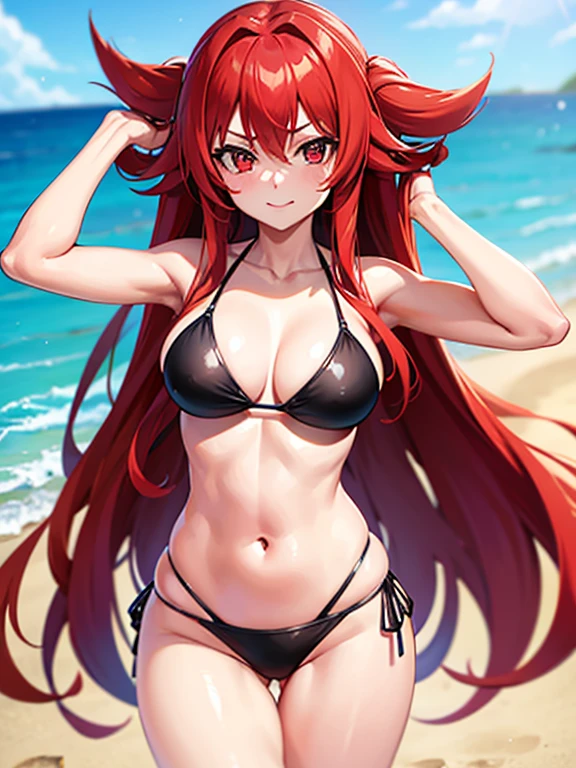 a girl with a bikini, the bikini is red color, in the beach, from the anime high school dxd, Rias Gremory