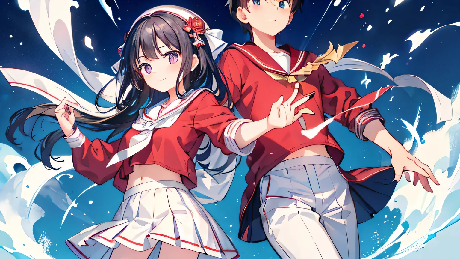 Masterpiece, best quality, high resolution, 1 boy and 1 girl, short black hair, Sagittarius, fierce eyes, red shirt, white sailor collar, tie, blue pants,
masterpiece, best quality, idol, blue skirt, light blue long hair, bow hair, red shirt, white sailor collar, white scarf, pleated skirt, blue skirt, smile,