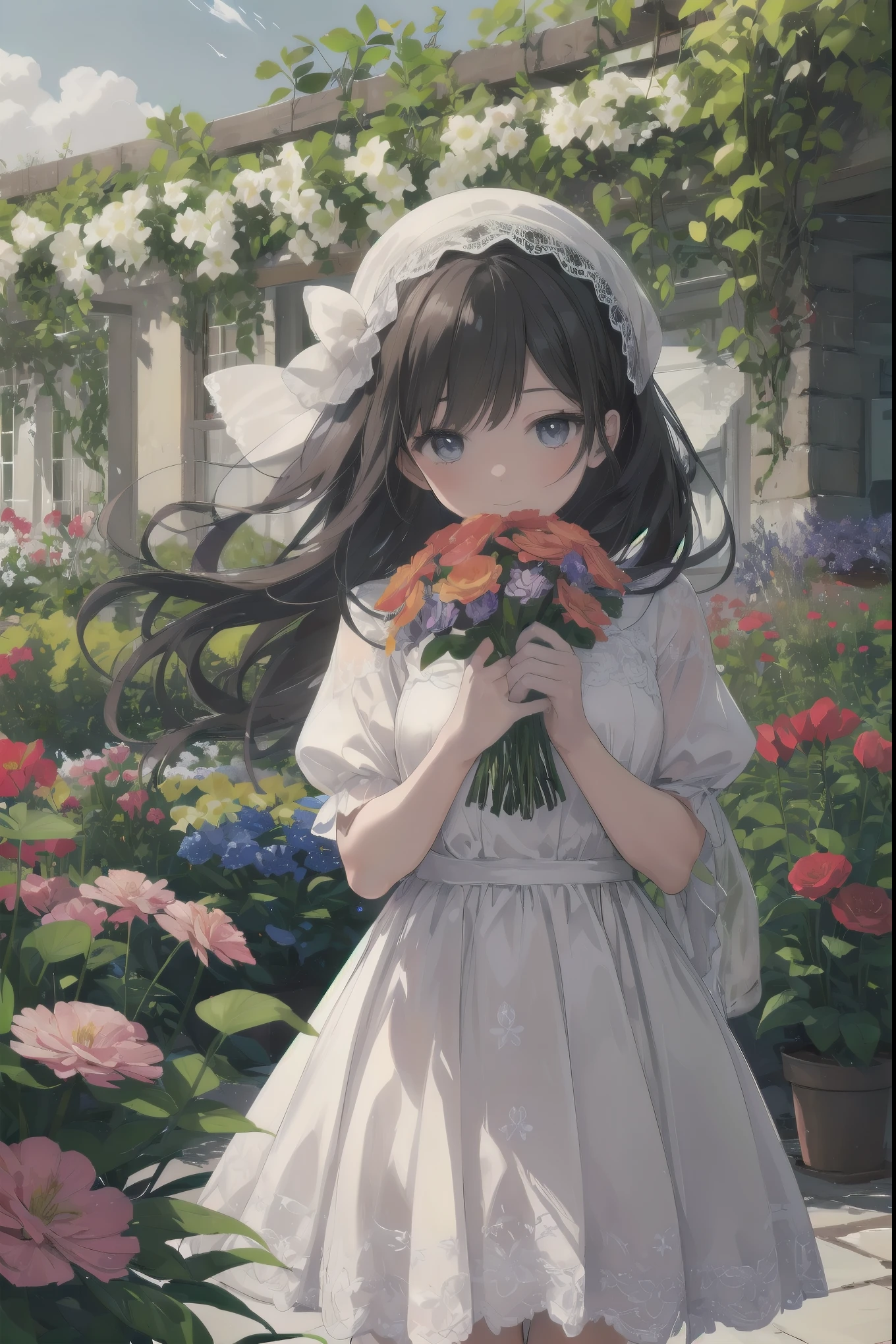 A patient girl admiring flowers in a flower garden