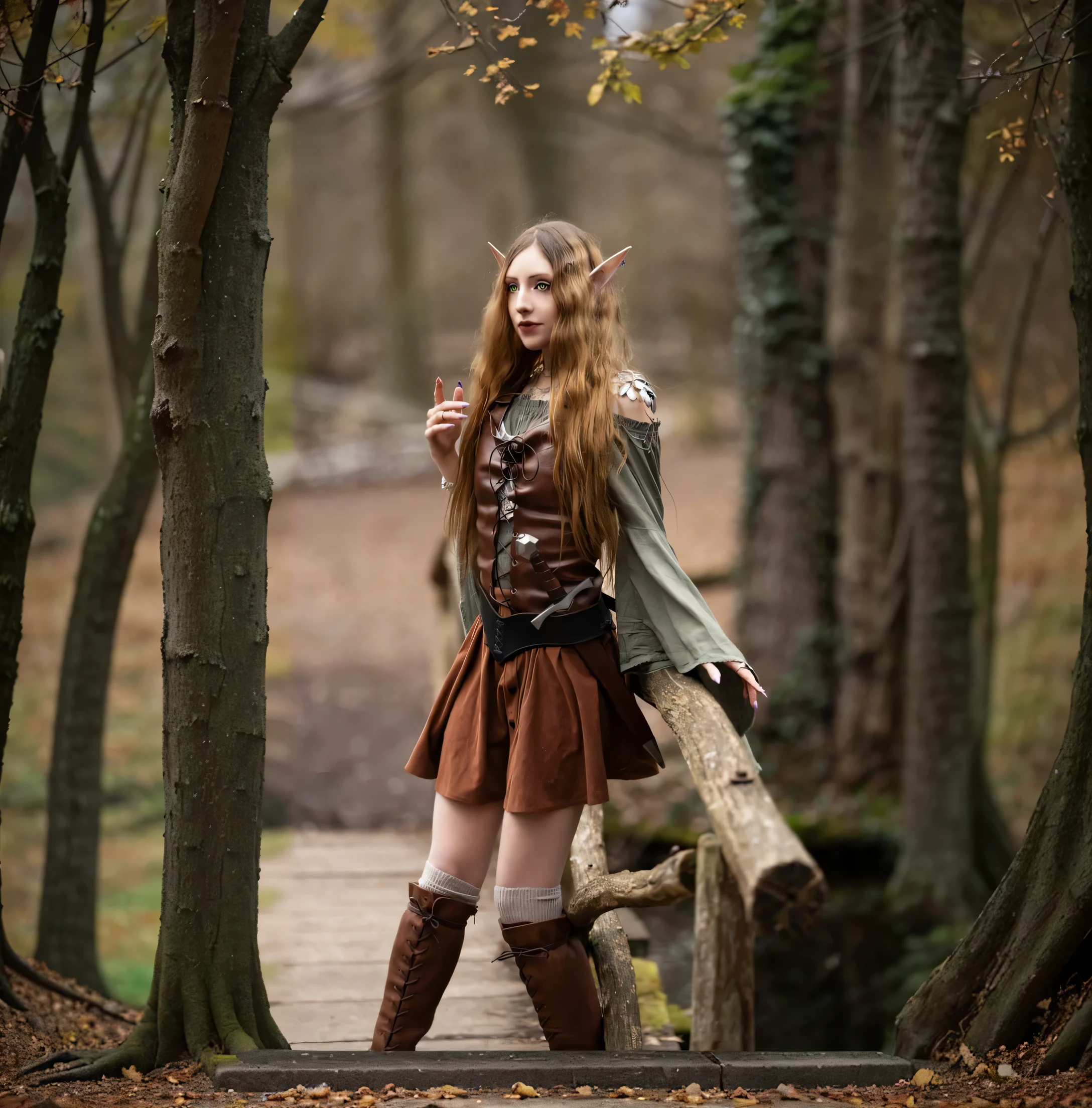 autumn forest, medieval buildings in the background, fantasy ruins in the background