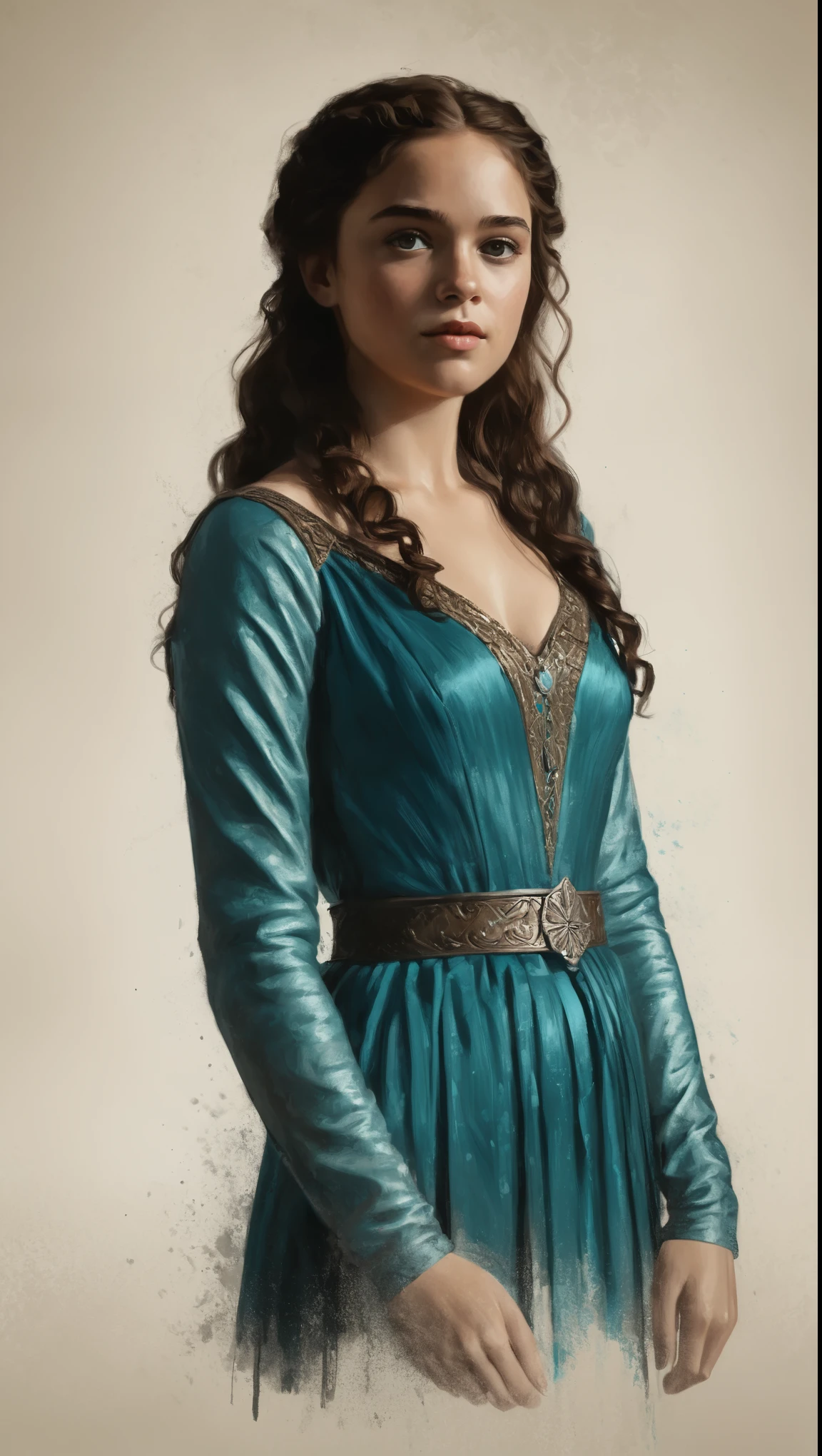 An illustrated movie poster, hand-drawn, full color, a Westerosi teenage girl, wearing a regal gown, warm brown complexion, freckles, turquoise eyes, dark hair, long loose curls, waist-length hair, posing on a pedestal, hard shadows, graphite shading, stencil marks, airbrushed acrylic paint, masterpiece, in the style of Game of Thrones 