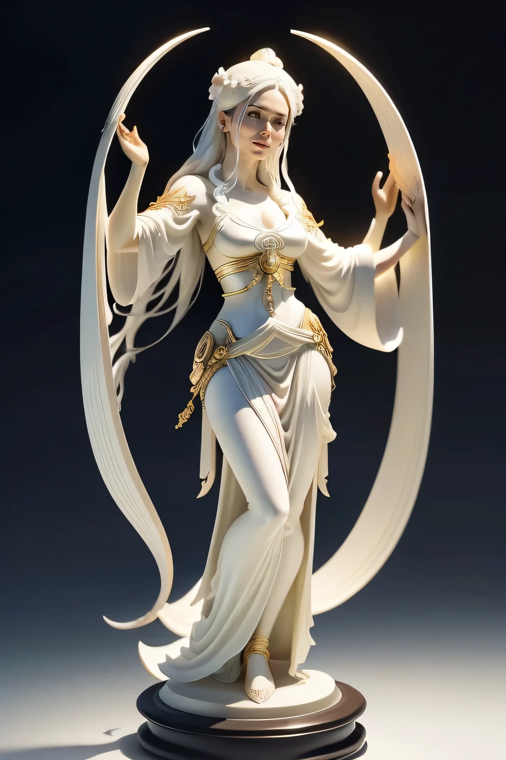 On the big moon，Hair Hanfu Uomo，period costume，hair fluttering，The corners of the skirt fly，Sky inspiration，Lute statue in hand, Inspired by Chen Rong&#39;s marble sculptures, Featured on Zbrush Central, art nouveau, Ivory carving, Ivory Carving, goddess. very high detail, Highly detailed shot of the goddess, Decorative bone carvings, Sculpture of Persephone, resin statue, highly detailed carving on, Nankai Kannon