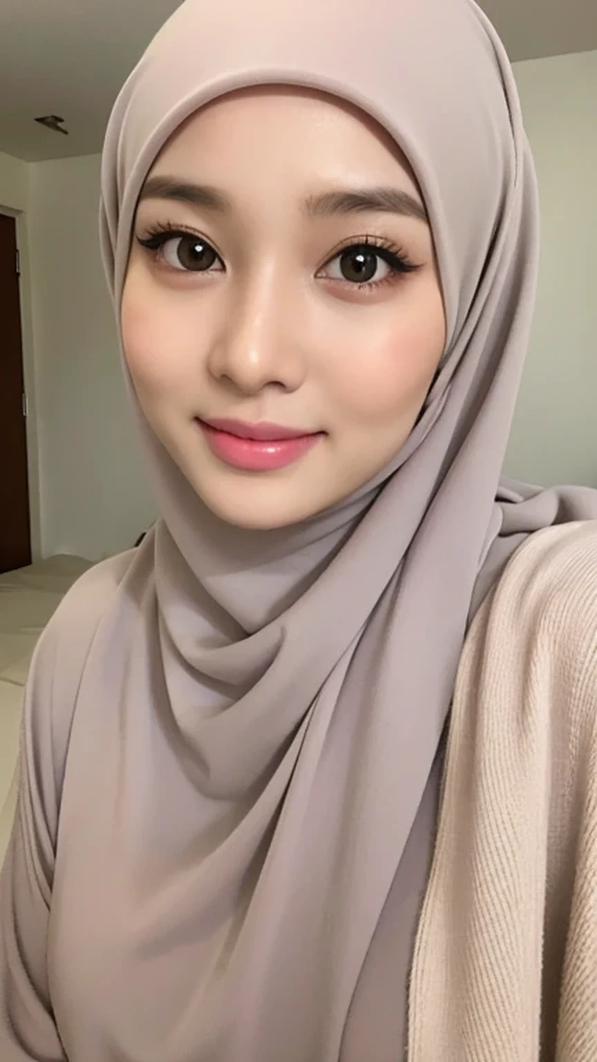 （lifelike， High resolution：1.3）， 1 Girl with perfect body， very detailed face and eyes，hijab, indonesian：1.2, whole body, beautiful, a room, white room, cute face, smile, black, white