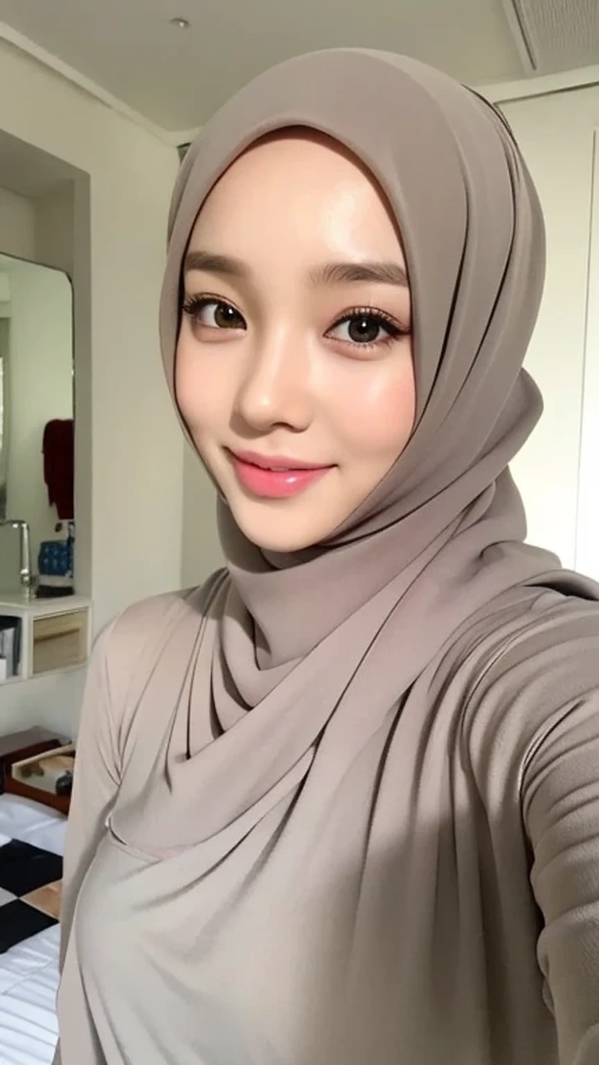 (lifelike, High resolution:1.3), 1 Girl with perfect body, very detailed face and eyes,hijab, indonesian:1.2, whole body, beautiful, a room, white room, cute face, smile, black, white