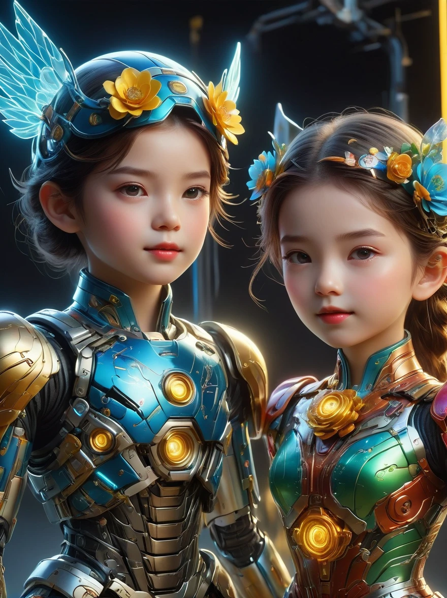  (three-dimensional，Mechanical feel，cute，boy，Mechanical doll, Pinocchio: 1.3), Colorful neon lights, High-tech mechanical parts, Metal body, Detailed vibranium flower design, bright colors, Dynamic glowing flowers, Reflective metal surface, bright environment, dynamic poses, Exquisite presence, skill improved, interlocking mechanical gears, Stylish design, motion blur effect, Detailed metal processing, Sci-fi atmosphere, Streamlined aerodynamic shape, Laser scanning pattern, Holographic projection, LED light track, beautiful and unforgettable, Advanced sensors, complex algorithm, Ominous and mysterious atmosphere, electric spark, Shiny chrome plating, Propulsion systems of the future, BJ_Gundam, (best quality, 8k, high resolution, masterpiece: 1.2), Super detailed, (whole body:1.8)