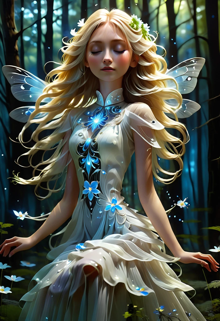 (((In front a backdrop of a dark forest))) ((full body)) with a white and blue flower mix in her long bong blonde hair, kneeling, eyes closed, her arms folded around herself,, wearing a luminating Light wide, White dress. Her Dress send out beams of white light inluminating the darkness around her black moths swirl around the light by starsnits90 3d art,