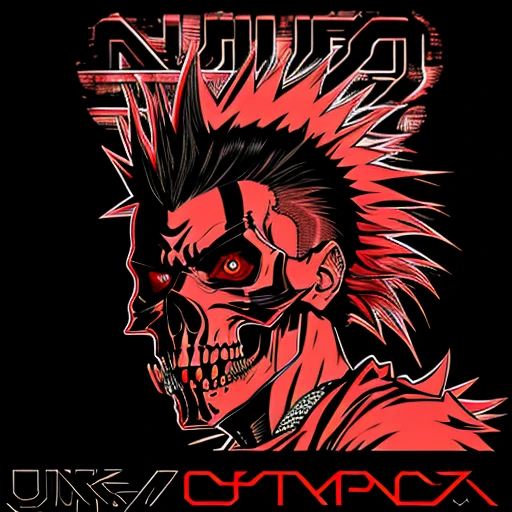 official art, unity 8k wallpaper, ultra detailed, aesthetically pleasing, High quality, masterpiece, best quality, Punk skull with red mohawk, side view, 1man, looking left, wide open mouth, detailed teeth, empty eye sockets, black and red graphic style, high contrast, (best quality, 4k, 8k, high resolution, masterpiece:1.2), ultra-detailed, illustration, HDR, UHD, sharp focus, bold lines, (punk, rebellious, aggressive:1.2), cool color tones, lineart