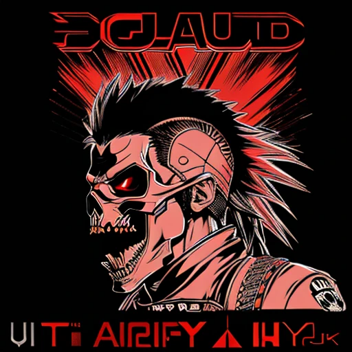 official art, unity 8k wallpaper, ultra detailed, aesthetically pleasing, High quality, masterpiece, best quality, Punk skull with red mohawk, side view, 1man, looking left, wide open mouth, detailed teeth, empty eye sockets, black and red graphic style, high contrast, (best quality, 4k, 8k, high resolution, masterpiece:1.2), ultra-detailed, illustration, HDR, UHD, sharp focus, bold lines, (punk, rebellious, aggressive:1.2), cool color tones, lineart