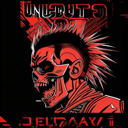 official art, unity 8k wallpaper, ultra detailed, aesthetically pleasing, High quality, masterpiece, best quality, Punk skull with red mohawk, side view, 1man, looking left, wide open mouth, detailed teeth, empty eye sockets, black and red graphic style, high contrast, (best quality, 4k, 8k, high resolution, masterpiece:1.2), ultra-detailed, illustration, HDR, UHD, sharp focus, bold lines, (punk, rebellious, aggressive:1.2), cool color tones, lineart