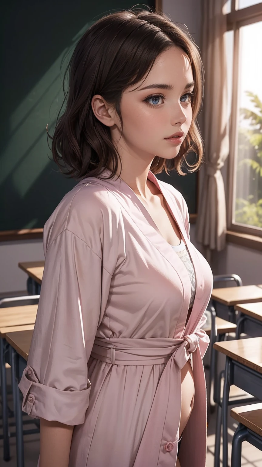(1 girl:1.3), break, half body shot, Japanese, 17 year old supermodel, thin, high school girl, (From the side), view audience, (highest quality:1.4), 32K resolution, (realistic:1.5), (Super realistic:1.5), High resolution 32k UHD, (masterpiece:1.2)), (Improvement of quality:1.4), (very beautiful facial details), (Highest quality realistic skin texture:1.4), (perfect anatomy:1.2), (Are standing:1.37), Please show me your belly, (((pink , pinkのセーラー服:1.15))), ((pinkのプリーツミニスカート:1.15)), Do not emphasize the top of the bust, ((In the classroom:1.15)), precise fingers, Super detailed, symmetrical eyes, natural makeup, ((A good eye for quality:1.2)), (tired, sleepy and satisfied:0.0), (fine lips:1.33), (fine nose:1.2), ((Physically Based Rendering of the Background:1.37)), bent:1.2, big breasts, (heavy chest:1.1, thin lower body), brown hair, (Choppy Hair:1.37), anxious face, Gentle light hits your face and body。, epic and emotional movie lighting