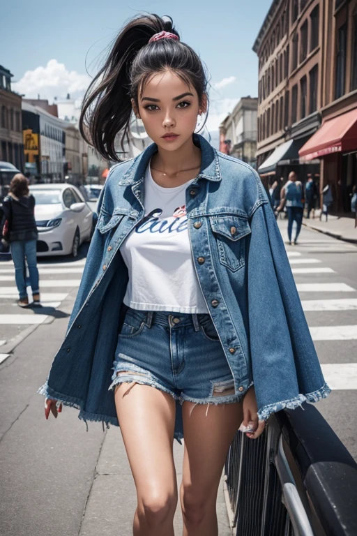 Best qualite, comics cape art, woman, 25 years, broen hair, ponytail, denim jacket over white cropped t-shirt, blue denim shorts, white sneakers, cosmopolitan city scene