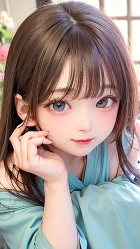 幼いgirl、small face、 (alone:1.5,)Super detailed,明るいcolor, very beautiful detailed anime face and eyes, look straight,eye shadow、  shiny_skin,girl, (((半分の髪の毛は白color、半分は白colorの髪: 1.5))),、shiny hair, delicate beautiful face, blush、銀colorの眼鏡、(turquoise eyes), , Valletta, red earrings、茶colorタートルネック、checked skirt、flower garden、surrounded by flowers、sit、smile、happy face、face dyed red、color々pose、Head to toe full body portrait、（I can see the whole body）、show your butt