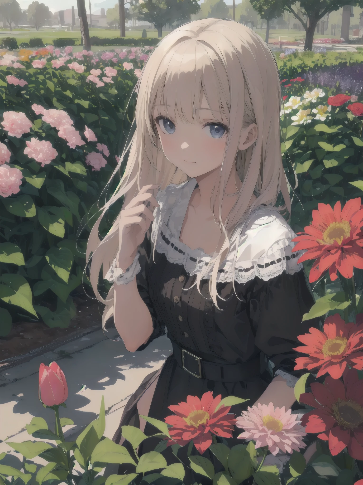 A patient girl admiring flowers in a flower garden