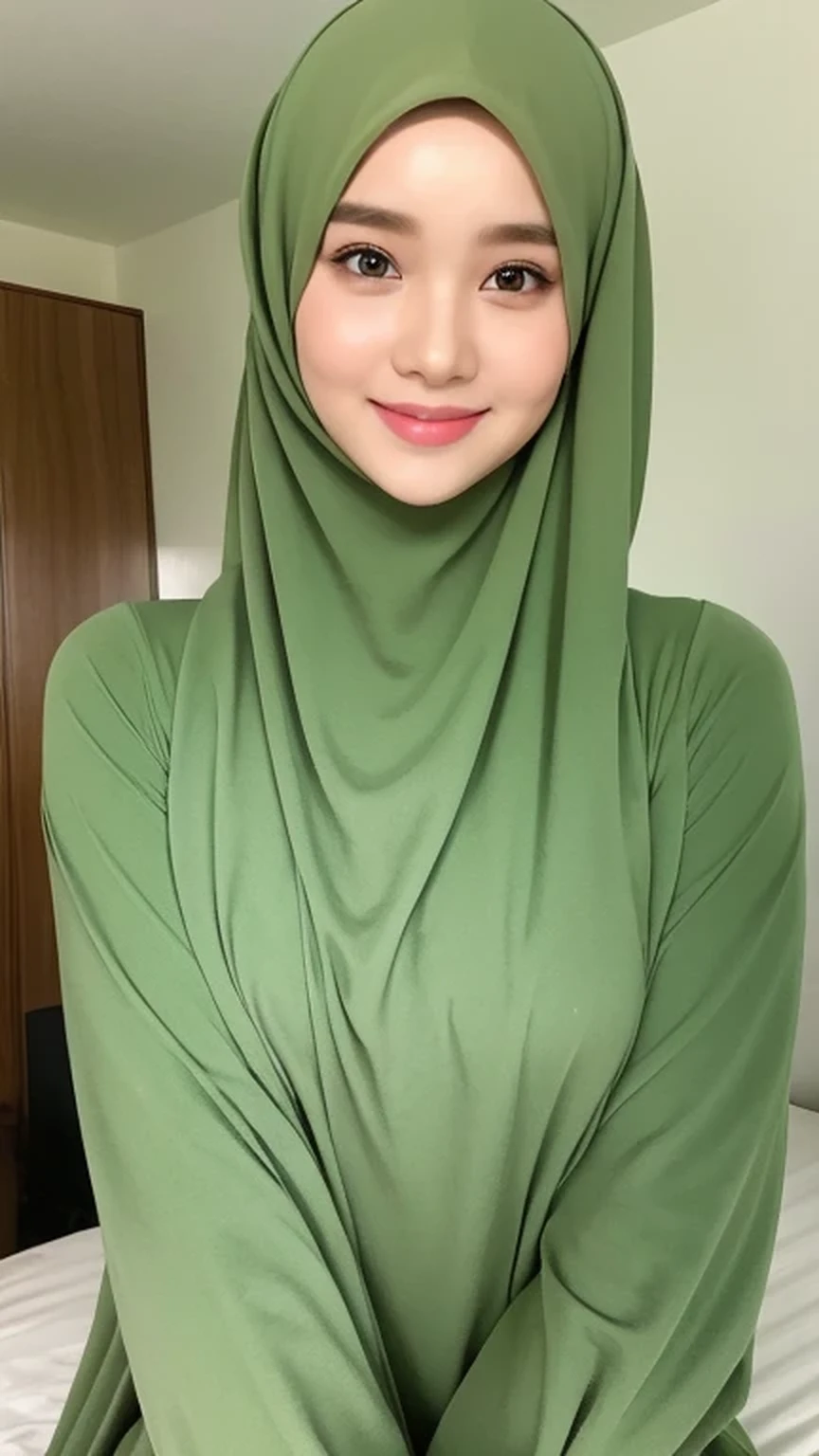 (lifelike, High resolution:1.3), 1 Girl with perfect body, very detailed face and eyes,hijab, indonesian:1.2, whole body, beautiful, a room, white room, cute face, smile, green