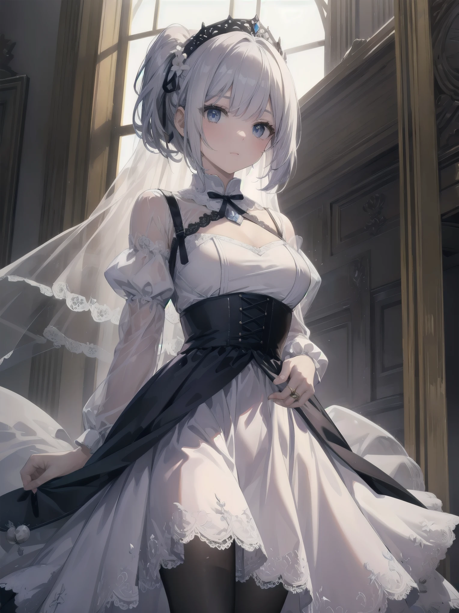  bride: wedding ring shining on ring finger Fusion of medieval European fashion Emphasis on elements of cuteness and adoration Posed illustration of the overwhelming cuteness of the character in the foreground Overwhelming architectural and cityscape background Ultra-detailed, rich, contemporary interpretation of medieval Europe and fantasy world Realistic textures, Professional artistic shading and light sources, scene-like cinematography and effects, depth of subject One beautiful girl, super cute, bob cut, side ponytail, perfect anatomy 
Colours: pastel, white, pale purple, blue, gingham check 
Materials: chiffon, lace, satin, velvet, etc. Silhouette: fluffy skirt, A-line, long length 
Decoration: frills, ribbons, lace, pearls, embroidery etc. Coordinates Romantic princess: pastel dress, lace blouse, fluffy skirt, ribbon hair accessory, black tights Add accessories and accessories to personalise.