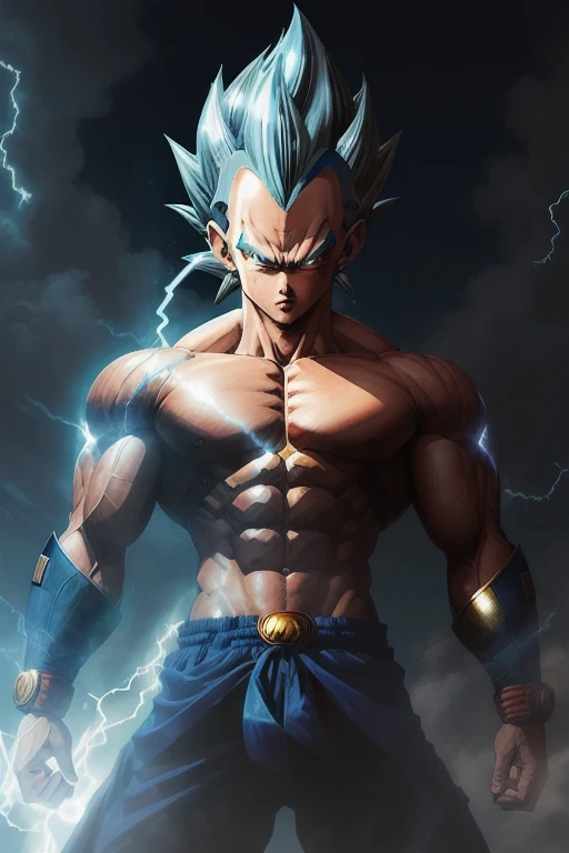 obra maestra, Mejor calidad, Vegeta Super Saiyajin Azul, blue hair blue lightning point finger at yourself