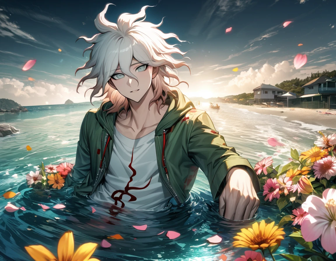 Ultra detailed, Highres, absurdres, HDR, Komaeda Nagito, white hair, silver eyes, green long coat, white t-shirt, Danganronpa 2, 1 man only, water, petals, flowers, summer, handsome