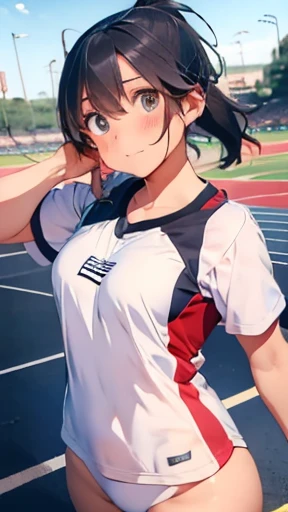 highest quality、realistic、Japanese、girl、cowboy shot、look up、cute、Gray eyes、black hair、ponytail、all back、Forehead is coming out、track and field women、arena、track and field uniform、joy、sunburn、Midsummer、Sweat、slender、small breasts