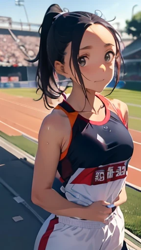 highest quality、realistic、Japanese、girl、cowboy shot、look up、cute、Gray eyes、black hair、ponytail、all back、Forehead is coming out、track and field women、arena、track and field uniform、joy、sunburn、Midsummer、Sweat、slender、small breasts