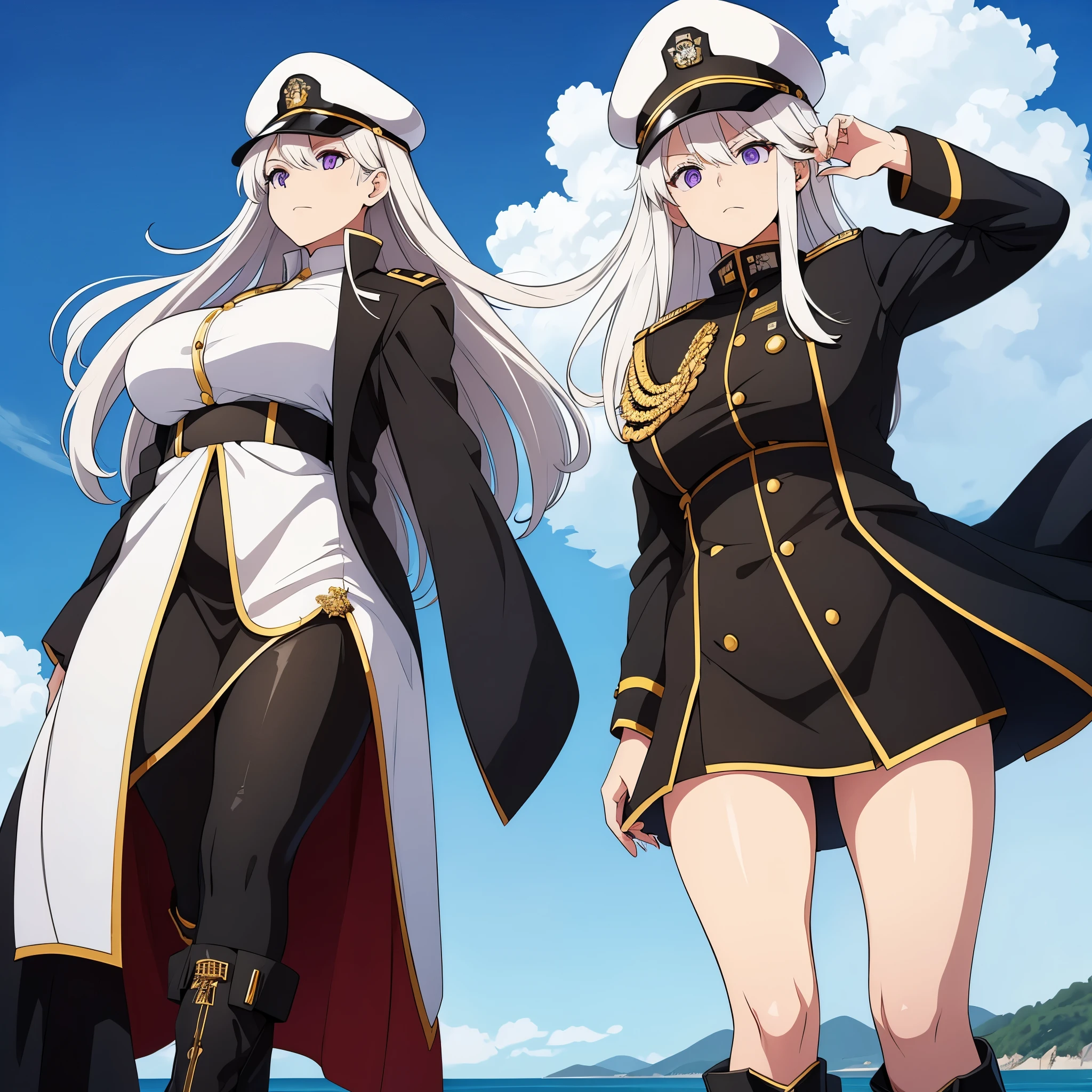 a woman wearing a white military uniform, short black skirt, large black coat with gold details, white military hat with gold details, long white hair, big breasts, purple eyes, black boots, at a point something like a naval port, overlooking the the sea, hills in the background, clouds and blue sky,