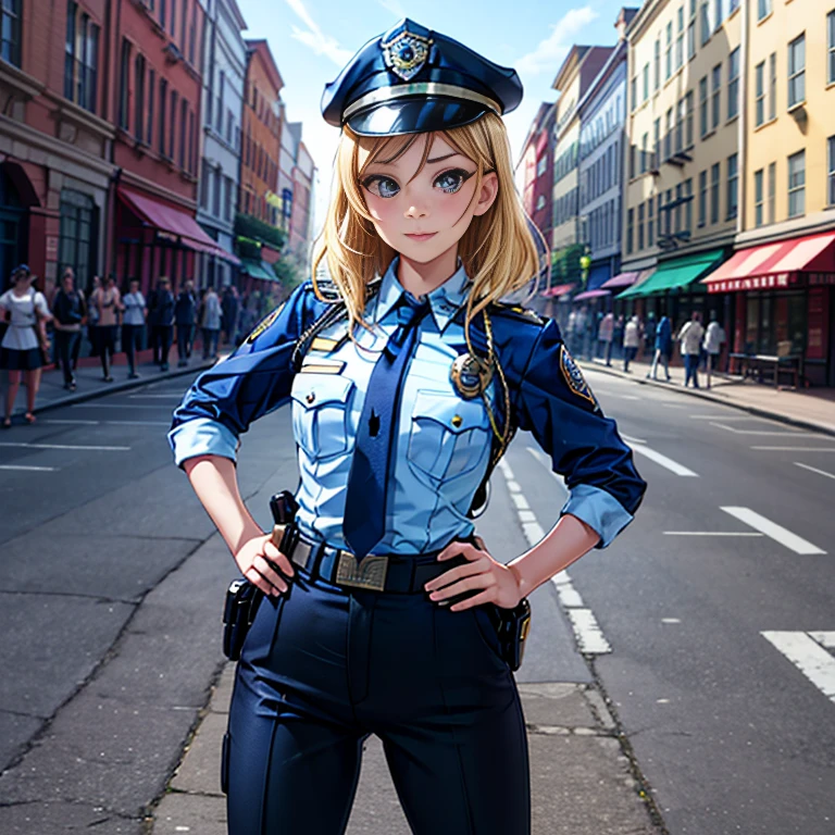 Masterpiece, best quality, detailed face, MILF, blonde hair, Police uniform, police trousers, standing, hands on hips, police cap,in street, looking at viewer, neutral face