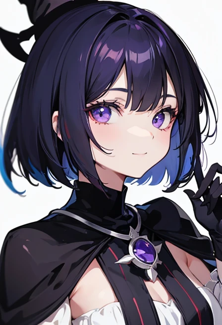 Witch's outfit, Anime-style portrait of a girl with a deep violet bob cut making eye contact with the camera, bright eyes, baby-faced, subtle smile, minimalistic background to emphasize character, high contrast, clean lines, digital painting, vivid colors