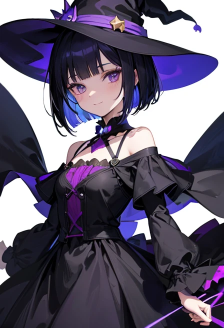 Witch's outfit, Anime-style portrait of a girl with a deep violet bob cut making eye contact with the camera, bright eyes, baby-faced, subtle smile, minimalistic background to emphasize character, high contrast, clean lines, digital painting, vivid colors
