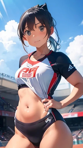 highest quality、realistic、Japanese、girl、cowboy shot、look up、cute、Gray eyes、black hair、ponytail、all back、Forehead is coming out、track and field women、arena、track and field uniform、joy、sunburn、Midsummer、Sweat、slender、Navel visible