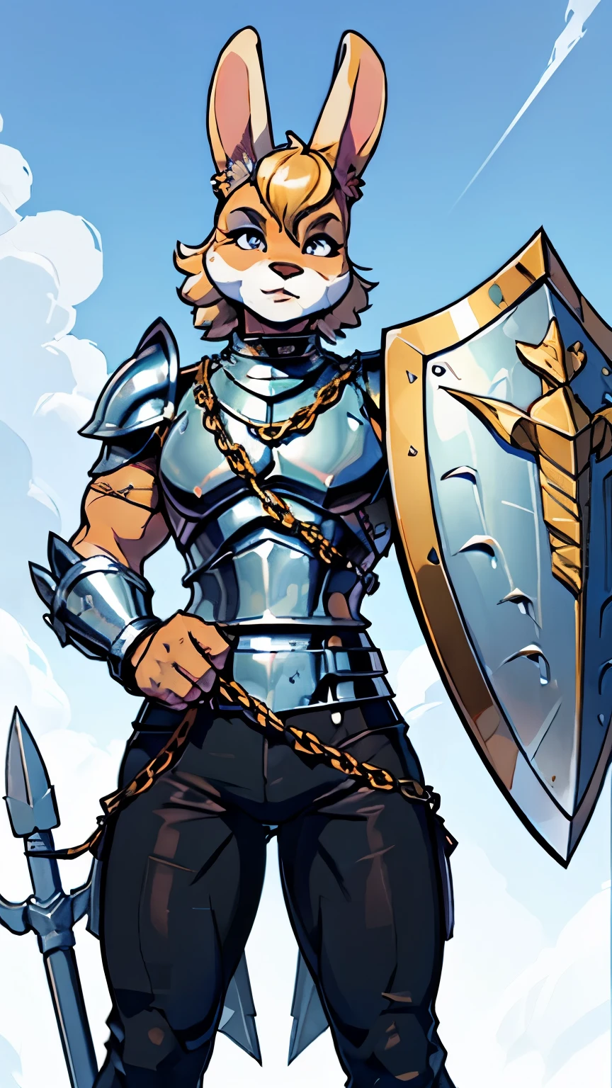 16k, HD, Professional, Highly Detailed, ((Masterpiece: 0.3)), (((High Quality))), Ultra-detailed face, Highly Detailed Lips, Detailed Eyes, full body, femboy, (anthro (rabbit)), fighter, ((chainmail) armor), (holding a (spear (trident))), 2 legs, white fur, (holding (shield)), digitigrade legs, paw hands, furry face, pants, gold hair, messy, short hair, rabbit muzzle, high detail, clear lines, ((long) rabbit ears)