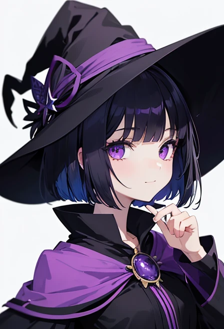 Witch's outfit, Anime-style portrait of a girl with a deep violet bob cut making eye contact with the camera, bright eyes, baby-faced, subtle smile, minimalistic background to emphasize character, high contrast, clean lines, digital painting, vivid colors