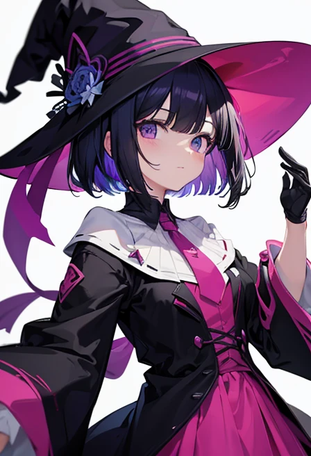 Witch's outfit, Anime-style portrait of a girl with a deep violet bob cut making eye contact with the camera, bright eyes, baby-faced, subtle smile, minimalistic background to emphasize character, high contrast, clean lines, digital painting, vivid colors