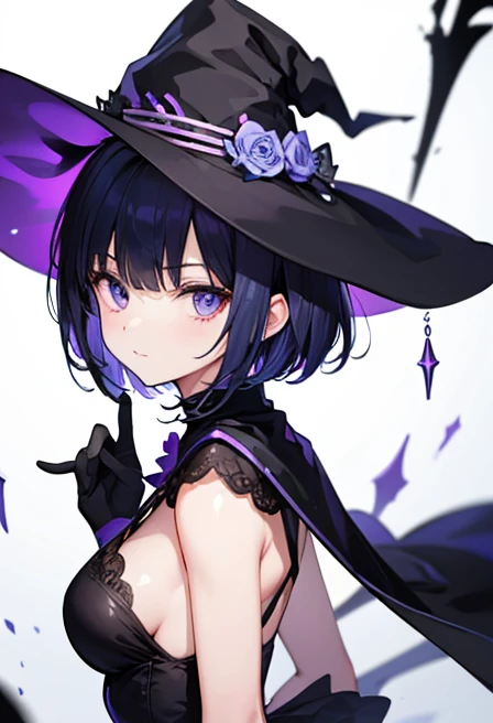 Witch's outfit, Anime-style portrait of a girl with a deep violet bob cut making eye contact with the camera, bright eyes, baby-faced, subtle smile, minimalistic background to emphasize character, high contrast, clean lines, digital painting, vivid colors