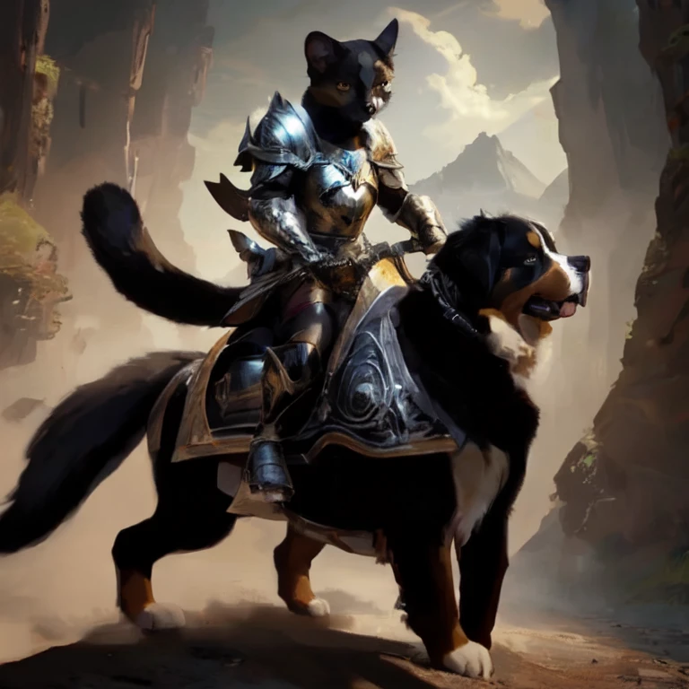 bigfootjinx, burmese cat, dark brown glossy fur, black points, yellow eyes, pointed ears, dressed as a knight, breastplate, gauntlet, greaves, pauldron, jousting, holding lance and shield, saddle, mounted on a burnese mountain dog, full body shot