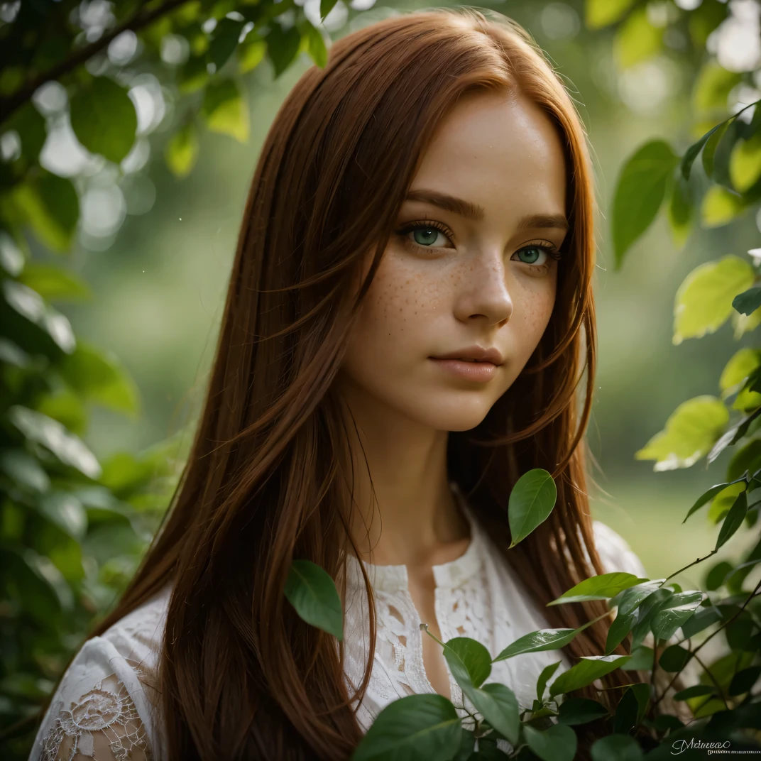 ((best quality)), ((masterpiece)), (detailed), close-up person, long red hair, freckles, full lips, green eyes, long eye lashes, (fantasy art:1.3), highly detailed face, beautiful artwork illustration, (portrait composition:1.3), low key, shallow depth of field, focus on eyes, (rating_explicit), (score_9, score_8_up, score_7_up, score_6_up, score_5_up, score_4_up) high res, masterpiece, shiny smooth skin, close up, slightly round face, slightly chubby, very sexy, lewd, wet lips, enticing, seductive, in a garden, covered by leaves