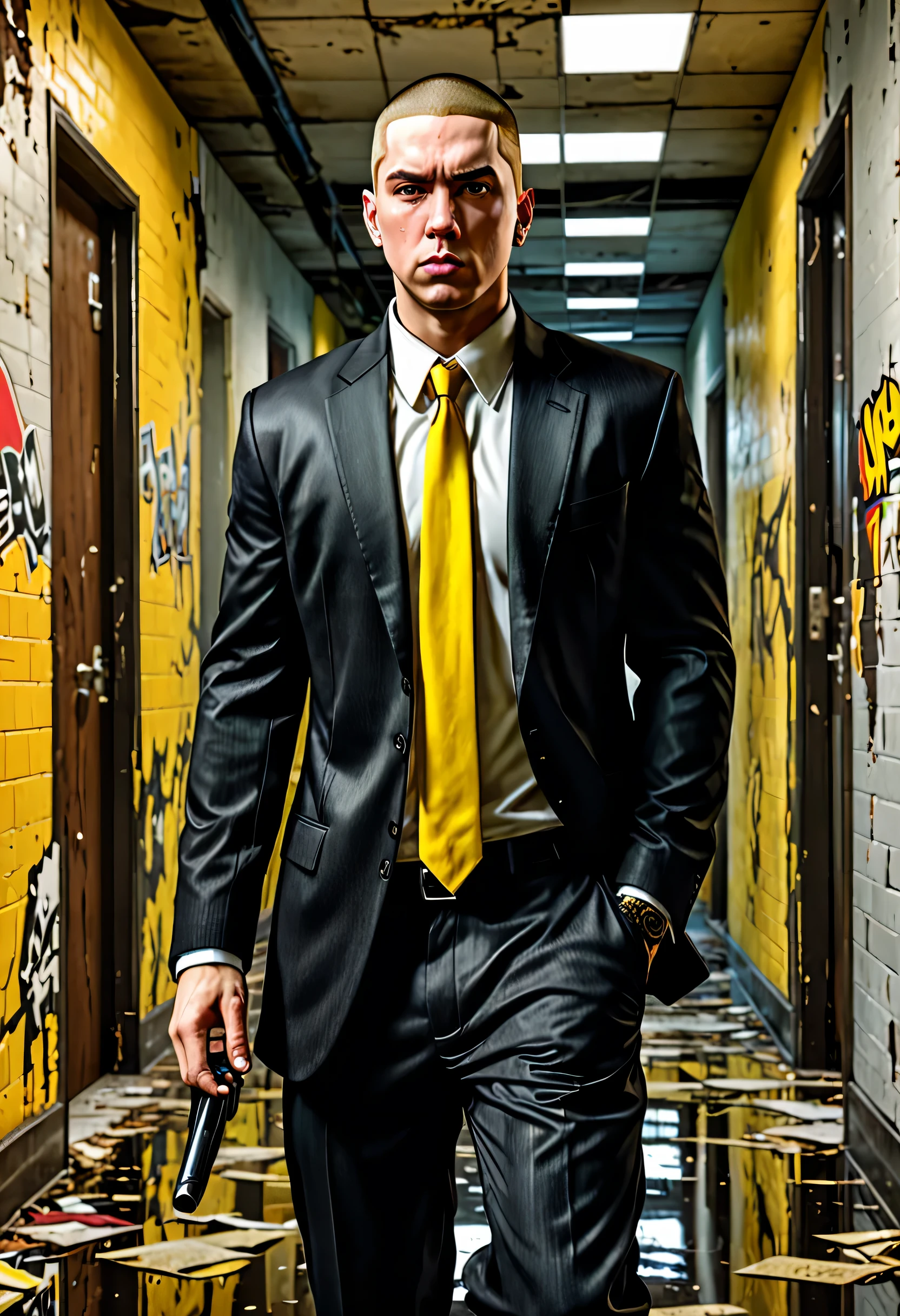 GTA art style, eminem looking left, with a short brown haircut and a soul patch, wearing a black suit, black shirt, black and yellow sneakers, and a yellow tie, walking in a dilapidated office building hallway with open doors and yellow curtains in the background, comic book style epic realistic, foto, desbotado, cores neutras, hdr, cores mudas, cena intrincada, artstation, detalhes intrincados, vinheta, detailed, detailed face, intricate, vivid colors