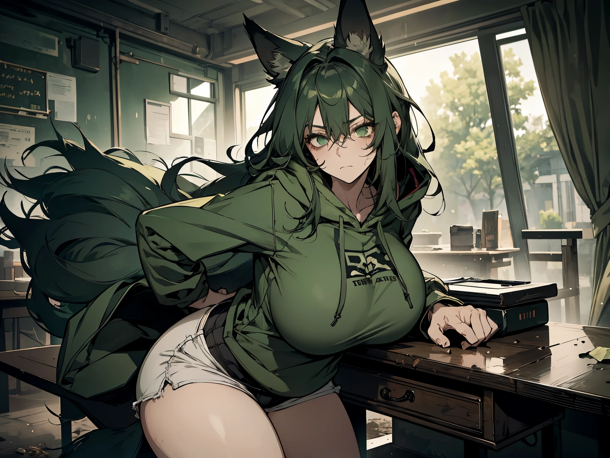 1female, teacher, wearing a dirty green tint hoodie, bootyshorts, broken dirty green tint fox ears, Thicc, big breast, dirty green tint hair, long hair, white eyes, face to detail, detailed eyes, the background is a Dark room, showing a sad expression, staring into the screen.