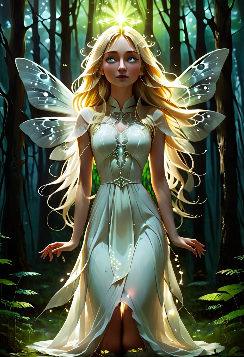 (((Inside dark forest))) ((full body)) her long straight blonde hair and white dress lights up,, kneeling, eyes open, her arms folded around herself,, wearing a luminating Light White dress. Her Dress sends out beams of white light,, inluminating the darkness black moths around the light by starsnits90 3d art,