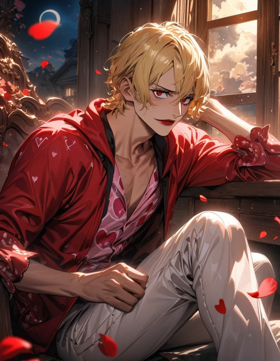 absurdres, highres, ultra detailed, HDR, master piece, best quality, perfect face, beautiful eyes, Quincy, blonde hair, undercut hair, expressive amber eyes, Nu Carnival, solo, sexy man kneeling down, handsome, horny, lewd, prisoner, black collar, prisoner orange clothes, orange leather jacket, black belt, tattoo on the chest, showing the chest, smirk, dungeon, petals, magical, fantasy