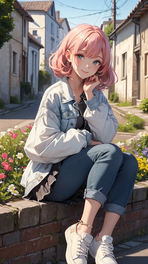(Highly detailed CG unit 8k wallpaper, masterpiece, High resolution, highest quality, highest qualityのリアルテクスチャスキン), upper body focus, Woman sitting on edge of flowerbed:1.5, Looking up at the sky and smiling, Asymmetrical short coral hair, Stalgic and inorganic fashion, (detailed costume, A maxi-length lace-up layered tight skirt and a long-sleeved denim wide jacket:1.3, White high-cut sneakers), (blurred background, An empty alley in the French countryside:1.3, Colourful flower beds along the road, cobblestone road), hyper realistic, digital painting, concept art,