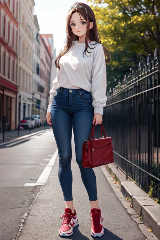 Mujer, long, brown hair, suelto con dos coletas y diadema roja, piel blanca, black sweater, blue pants, tenis negros, bolsa roja