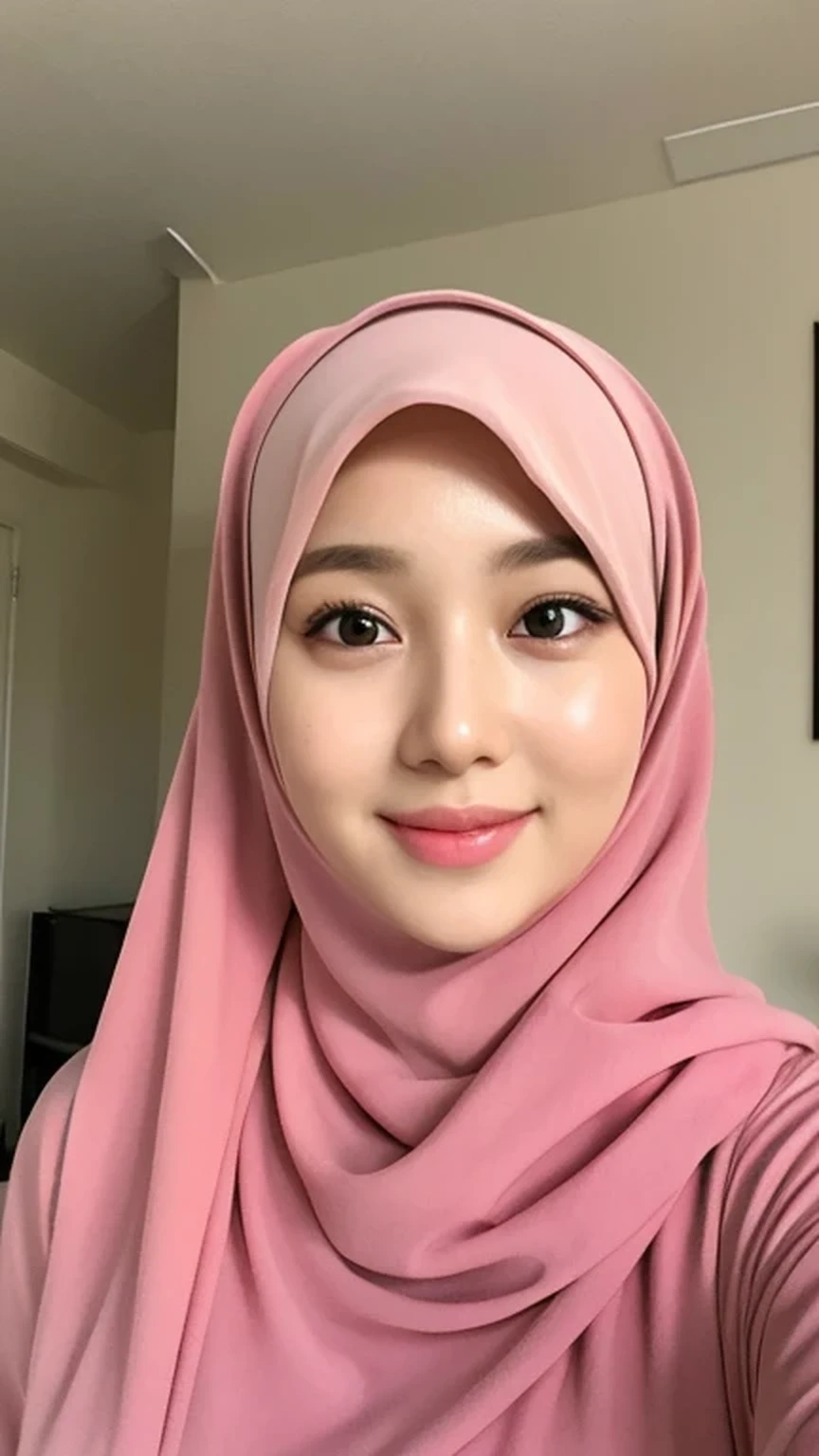 （lifelike， High resolution：1.3）， 1 Girl with perfect body， very detailed face and eyes，hijab, indonesian：1.2, whole body, beautiful, a room, white room, cute face, smile, pink