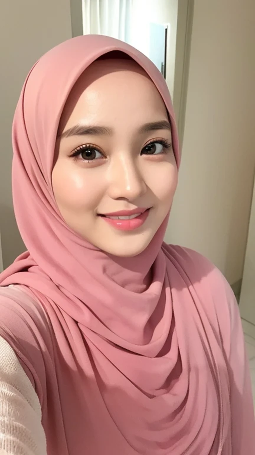 （lifelike， High resolution：1.3）， 1 Girl with perfect body， very detailed face and eyes，hijab, indonesian：1.2, whole body, beautiful, a room, white room, cute face, smile, pink