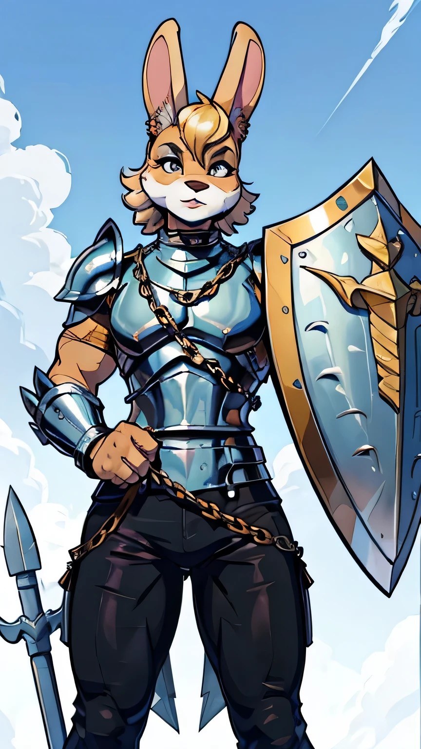 16k, HD, Professional, Highly Detailed, ((Masterpiece: 0.3)), (((High Quality))), Ultra-detailed face, Highly Detailed Lips, Detailed Eyes, full body, femboy, (anthro (rabbit)), fighter, ((chainmail) armor), (holding a (spear (trident))), 2 legs, white fur, (holding (shield)), digitigrade legs, paw hands, furry face, pants, gold hair, messy, short hair, rabbit muzzle, high detail, clear lines, ((long) rabbit ears)