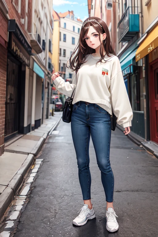 Mujer, long, brown hair, suelto con dos coletas y diadema roja, piel blanca, black sweater, blue pants, tenis negros, bolsa roja