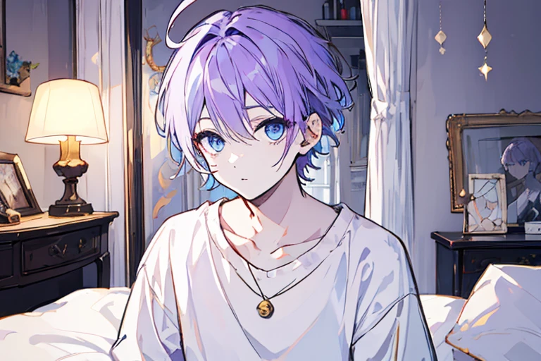 ((highest quality)), ((masterpiece)), ((1 person)),perfect face、male、purple hair color、light blue eyes、very short hair、vocal、pale colour、whole body、simple clothes、Room with lamp