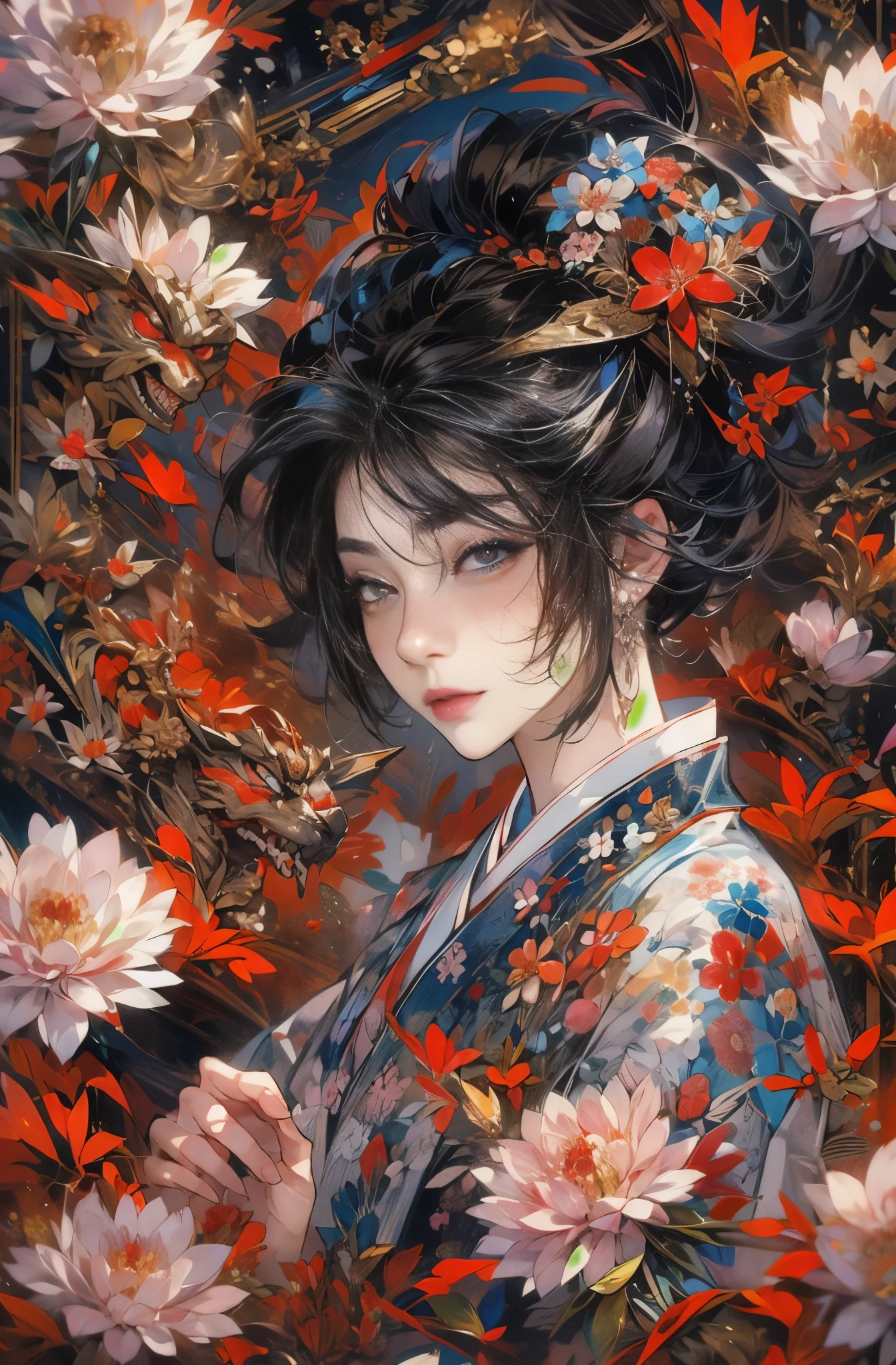 beautiful devil painting, SakuraFubuki, Senbonzakura, Cherry blossoms scattered in the wind, Zeami, Big Yokai, Devil Charm, Monster Queen, empress of fear, queen of hell, Six paths of reincarnation, The beauty of the leaning country, beautiful black haired devil, Beautiful red make-up, white face, nine tailed fox, Has a devil mask, He looks 27 years old, Butterfly Dreams, Sharp beauty, Bewitching, Chinese peony, peony, lily flower, Beautiful red kimono, Oiran, Highest ranking woman, Hundreds of flowers in full bloom, flower of slaughter, Female Yakuza, The devil who lives in the outdoor toilet, ruler of the red light district, Works that influenced Chen Yifei, Works that influenced Francesco Hayes, Inspired by Hendrik Terbruggen, Jean=Works that influenced Auguste Dominique Ingres, Inspired by Liu Jun, Jean=Works that influenced Auguste Dominique Ingres, highest quality, perfect angle, perfect composition, best shot, official art, cinematic light, figurative art, Beautiful and expressive paintings, Beautiful artwork illustration, wonderful, cool beauty, clear, Muromachi Fantasy, Mysterious, Mysterious, highest quality, official art, perfect composition, perfect angle, best shot, women only, sharp outline, pretty much beautiful face, beautiful and detailed eyes, Eyes without pupils, demon of kyoto, Devil Charmの主, cold devil woman, phantom, Hyakki Night Line, Shura Road, Female Yakuza, full body tattoo, underworld, diamond, Rashomon, Gion Seisha, Snow Moon Wind Flowers, The action is permanent, Under the light of the meteor, flying flowers and fallen leaves, Dream Bubble, close